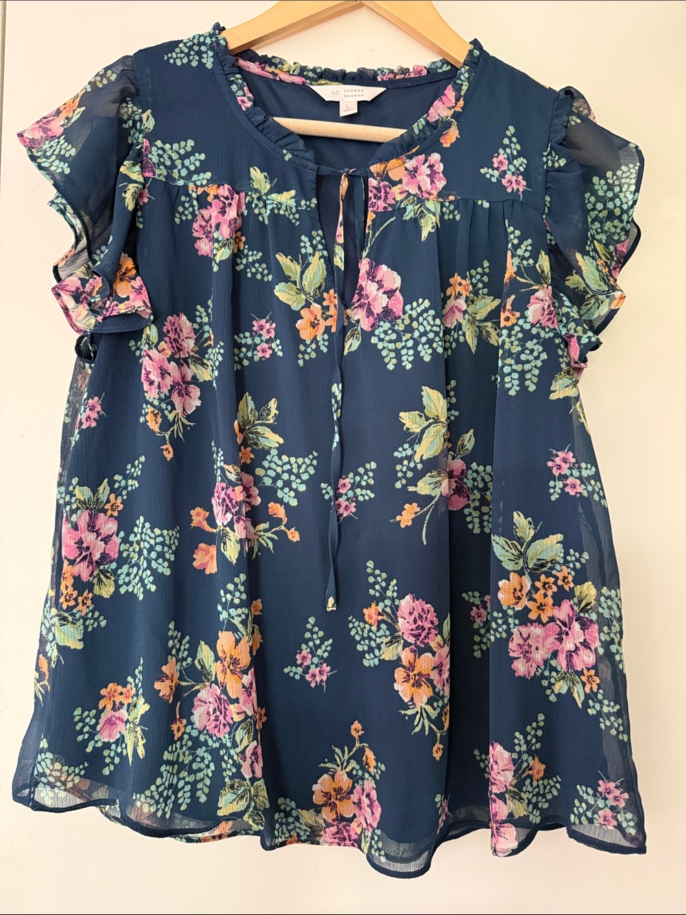 LC Lauren Conrad Navy Floral Blouse with Tie Accent
